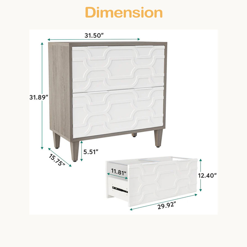 Classeur 2 tiroirs, armoire de rangement spacieuse, Gris / Blanc