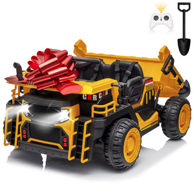 24V Yellow Kids Ride-On Dump Truck, 2-Seater with Remote, Electric Lifting Bed & Real Construction Style