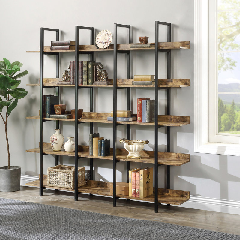 Bibliothèque à 5 niveaux avec bureau ouvert, tablette de style industriel rétro avec structure en métal, Noir / brun