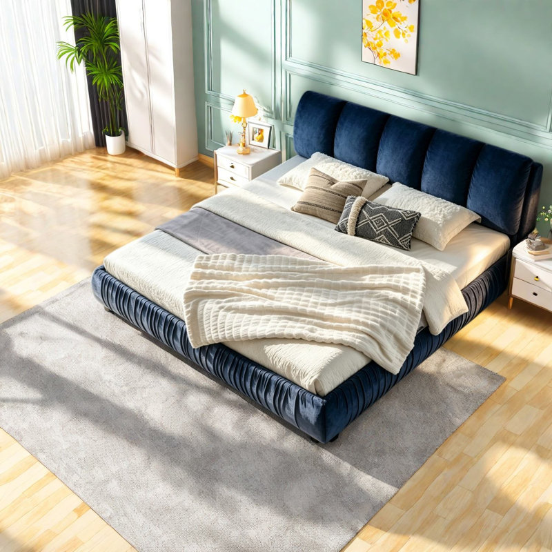 Très grand lit moelleux, panneau de fibres à densité moyenne revêtu de fibres à densité moyenne bleu foncé pour une maison spacieuse