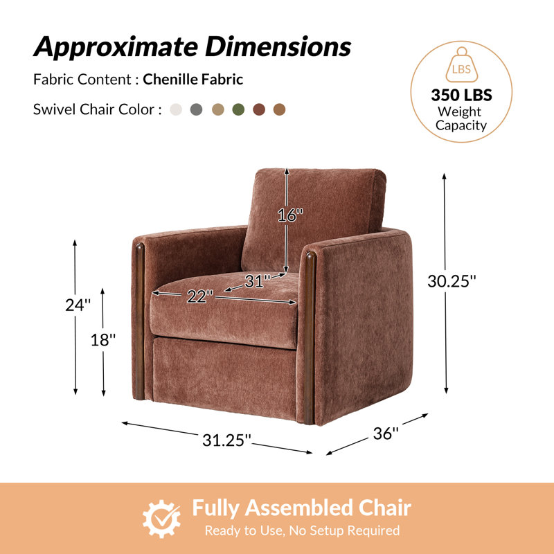 Bordeaux 31.25W" Modern Feather Blend Solid Wood Swivel Barrel Chair With Deep Seat, Rust