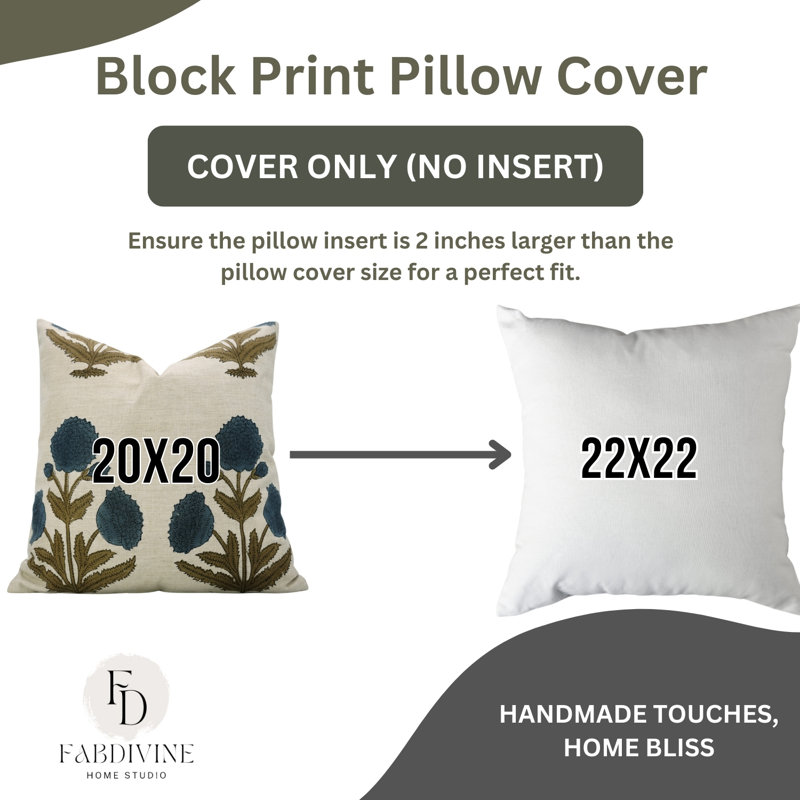 Fabdivine Badshah Block Print Pillow Cover Handmade Linen Decorative Cushion for Sofa & Bed, Artisan Home Décor-26x26 Inch