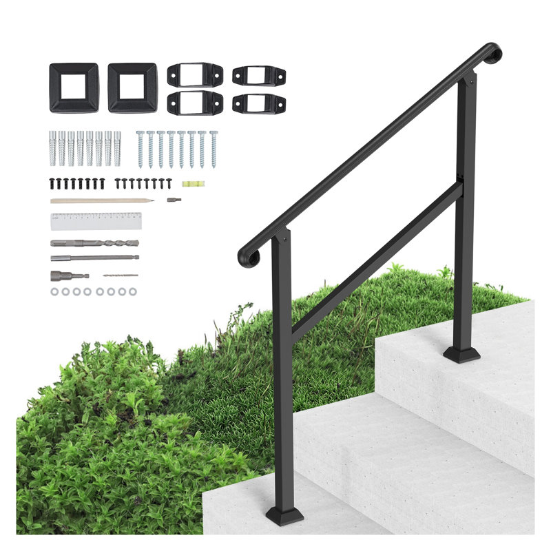 Rampe d'escalier extérieure noire pour 2 ou 3 marches - Rampe de véranda réglable en fer avec quincaillerie de fixation robuste