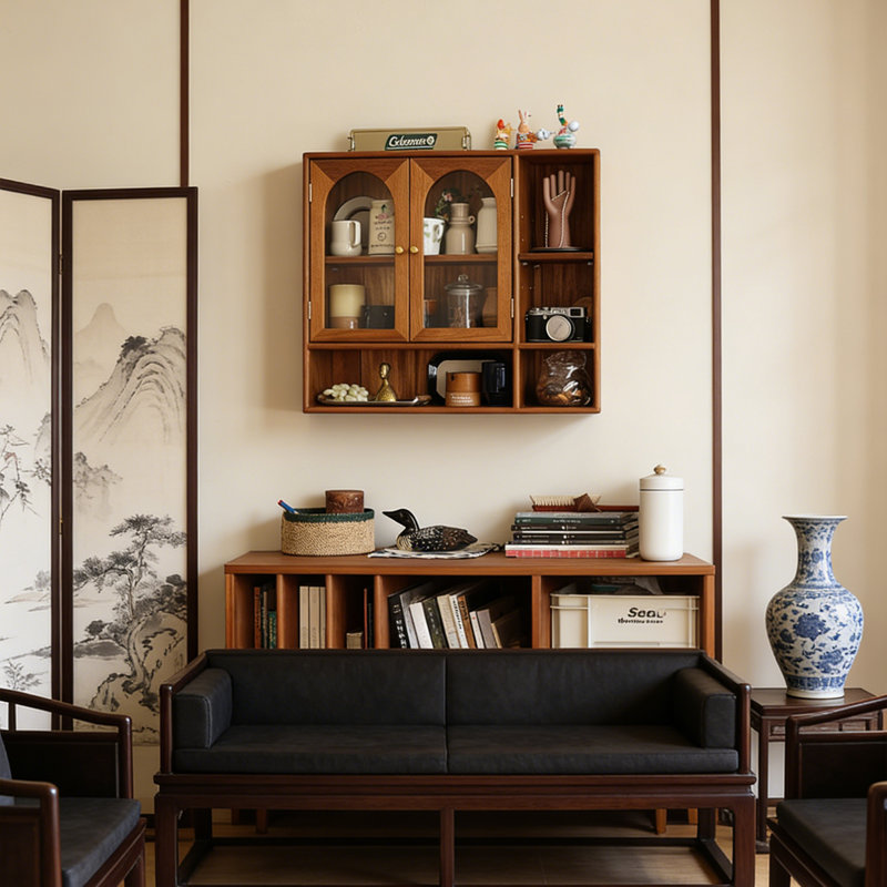 Armoire murale en bois de teck brun de 25,59 po de style rétro avec compartiments de rangement ouverts convenant à la salle à manger, au salon et à la chambre à coucher