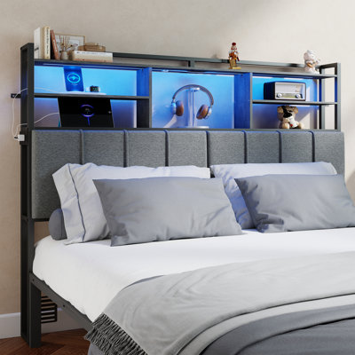 Tête de lit tapissier pour lit grand avec rangement, têtes de lit avec prises, ports USB et lumières DEL, tête de lit grand seulement, hauteur réglable, tête de lit robuste et stable, gris