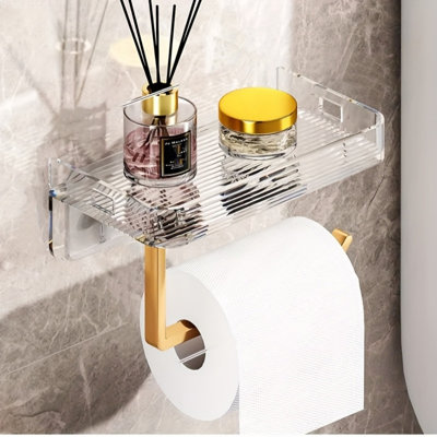 Wall Mounted Bathroom Tissue Rack Punch-Free Acrylic Toilet Paper Organizer Shelf With Aluminum Frame Multi Functional Perfume Tray Skincare Storage Holder