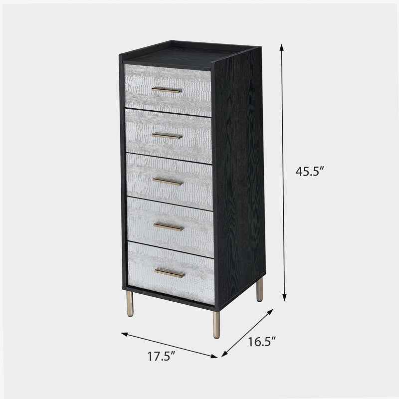 Armoire à bijoux noire et argentée à 4 tiroirs avec plateau relevable