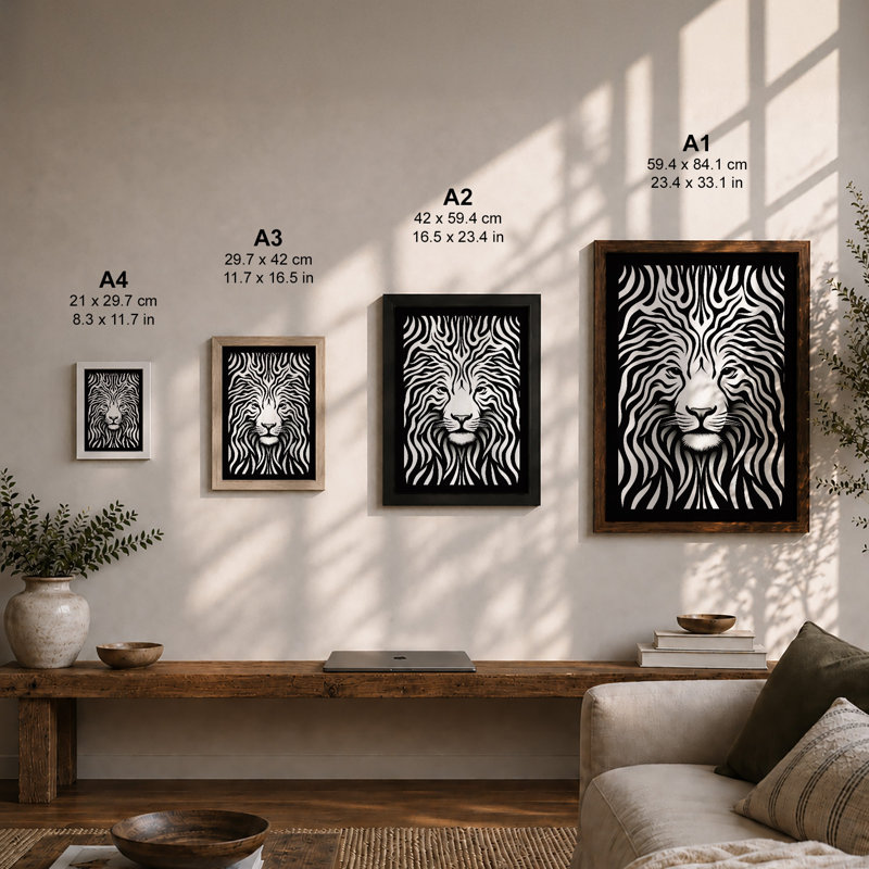 Lion In Stripes Geometric - Print, A1 - 84.1 x 59.4 cm, Oak