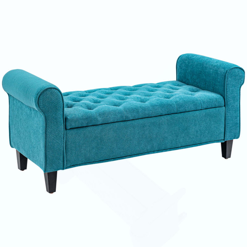 Storage Ottoman Bench, Upholstered End Of Bed Bench With Rolled Arms, Wood Legs, Button Tufted Storage Bench With Safety Hinges For Living Room, Entryway, Bedroom