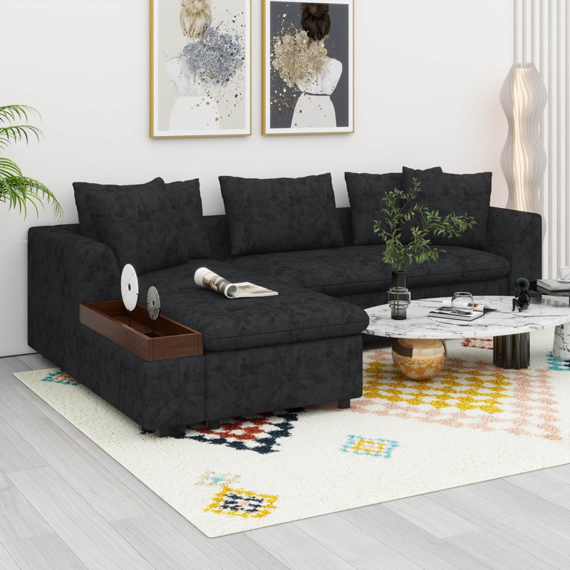 Canapé modulaire en L avec compartiment de rangement en bois, canapé-lit et chaise longue rembourrés en chenille et coussins décoratifs