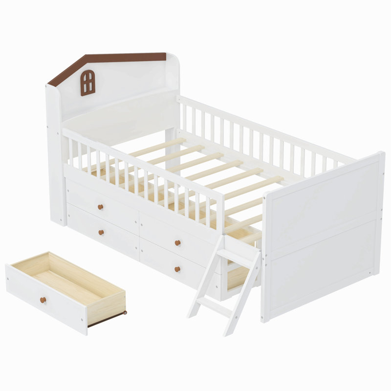 Cadre de lit simple avec rangement à 4 tiroirs, cadre de lit en bois pour enfants, lit plateforme simple avec tête de lit garde-corps et échelle