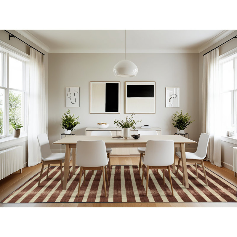 Tapis brun à rayures horizontales lavable à la machine, Rectangle 7 pi x 10 pi