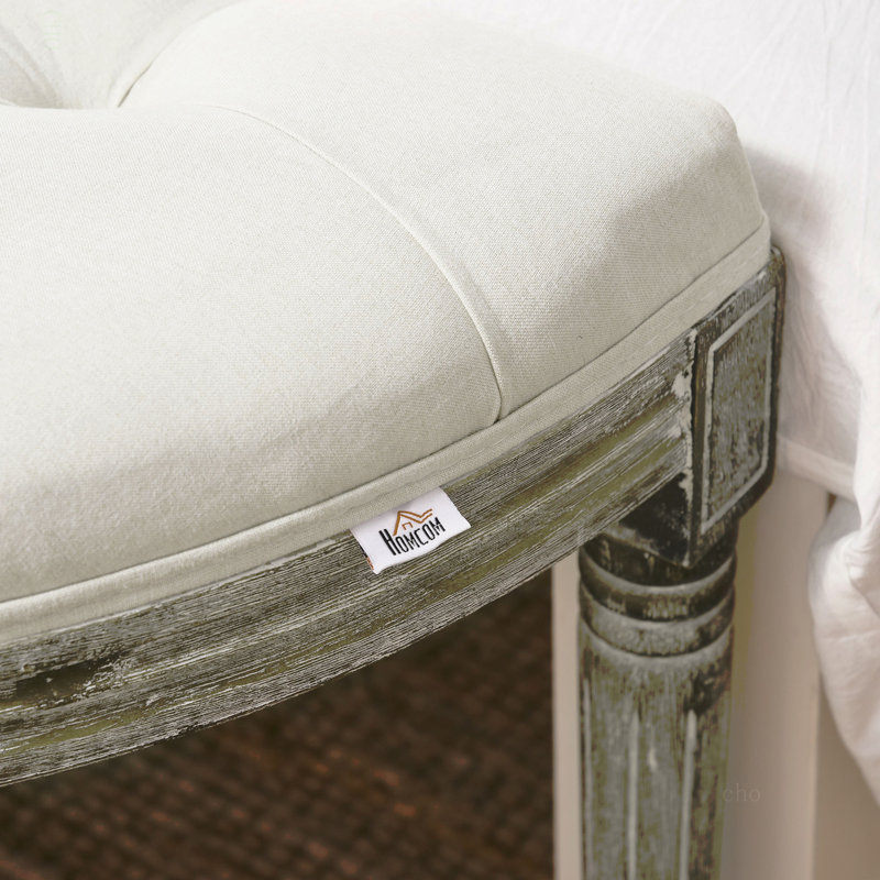 Banc en demi-cercle de bout de lit capitonné avec banc d'entrée en bois d'hévéa, blanc cassé