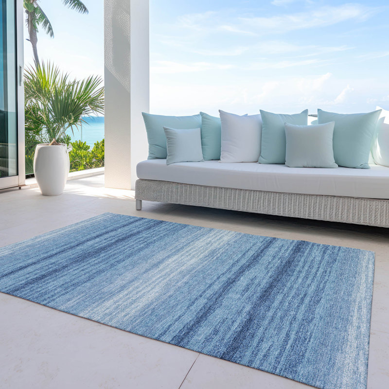 Blue Ombre Stripe Synthetic 8' x 10' Washable Rug