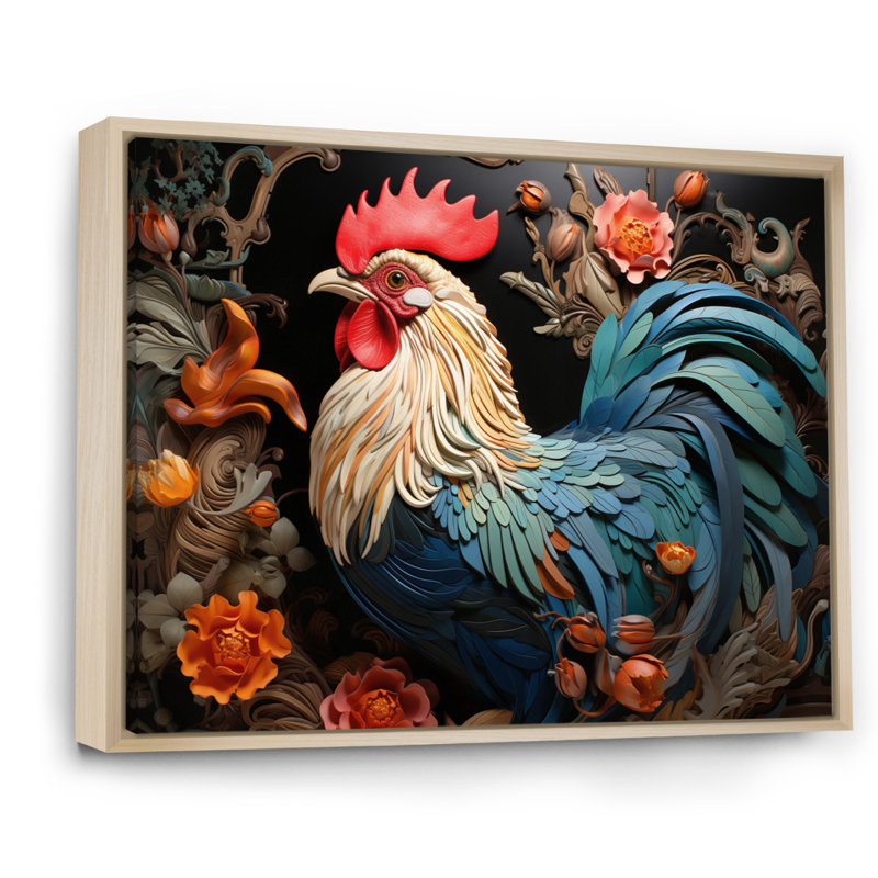 Coq bleu avec fleurs orange, H 12 po x l 20 po, Cadre naturel flottant