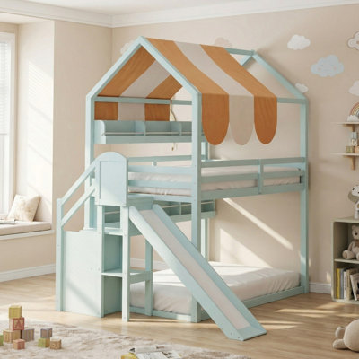 Lit superposé double au-dessus de double en bois massif, lit double pleine grandeur avec auvent, glissoire et bibliothèque intégrée pour la chambre à coucher