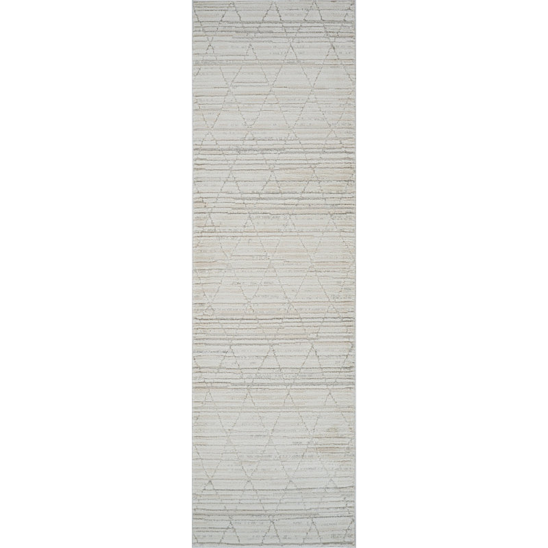 8' Gray And Beige Geometric Distressed Runner Rug