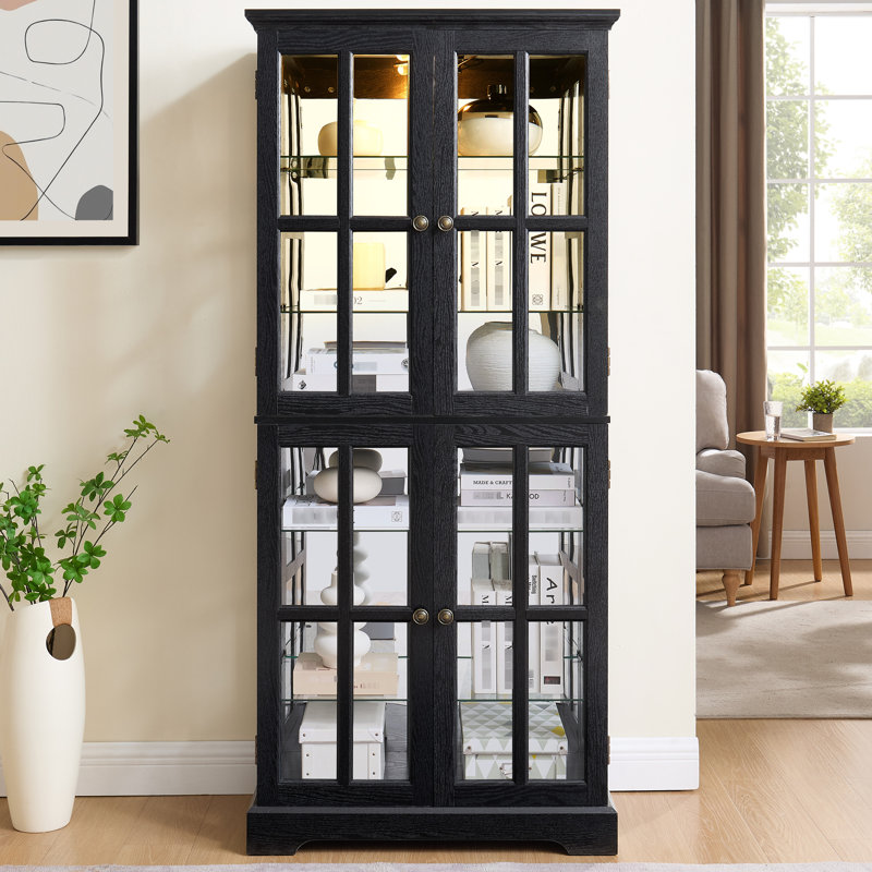 Vintage Black Glass High Cabinet With Classic Grid Design, Adjustable Shelf Height, And Included Lighting For Home Interior Collectibles Display Storage, Handles, Integrated Dining Room Showcase