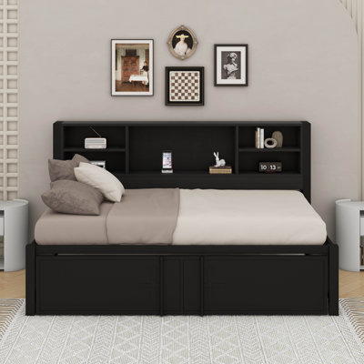 Lit de jour simple en métal avec couchette, ports USB et tablettes de rangement