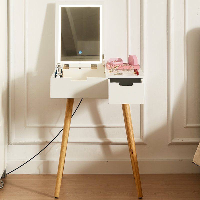 Table de maquillage avec éclairage à DEL 3 couleurs et 2 tiroirs, texture en bois véritable, utilisation polyvalente dans le bureau de la chambre à coucher, petits compartiments de rangement à miroir à couvercle de meuble-lavabo blanc, conception moderne pour le vestiaire,
