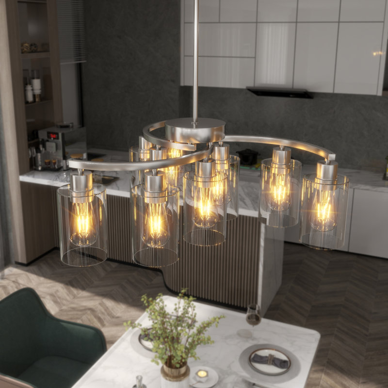 Luminaire suspendu industriel 9 lumières avec verre transparent, 9 lumières, Nickel