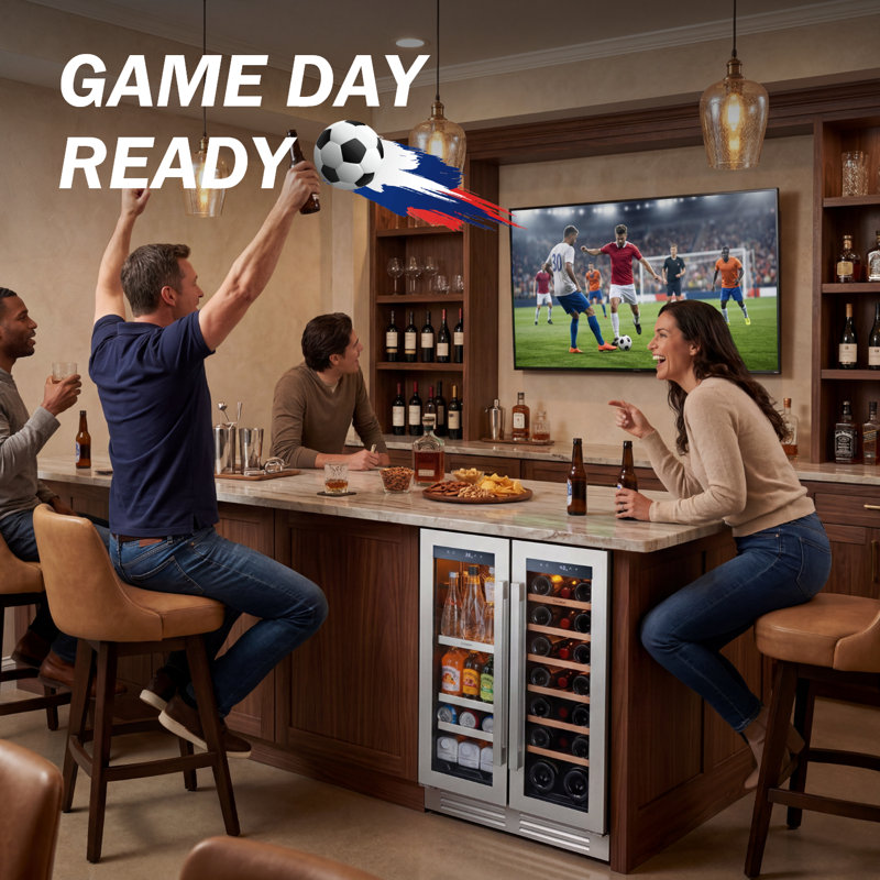 24 Inch Dual Zone Wine and Beverage Refrigerator, 21 Bottle & 60 Can Built-in or Freestanding Wine Cooler with French Door, Stainless Steel, UV-Protected Glass, Compressor Cooling Wine Fridge, 3-Color LED Light Beverage Refrigerator & Cooler