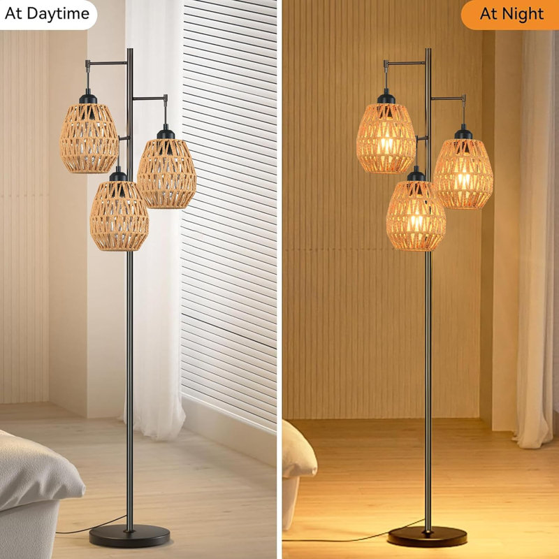 Boho Industrial Floor Lamp With 3 Rattan Woven Lampshades, Adjustable Tall Standing Light For Living Room, Bedroom, Office, And Corner Decor