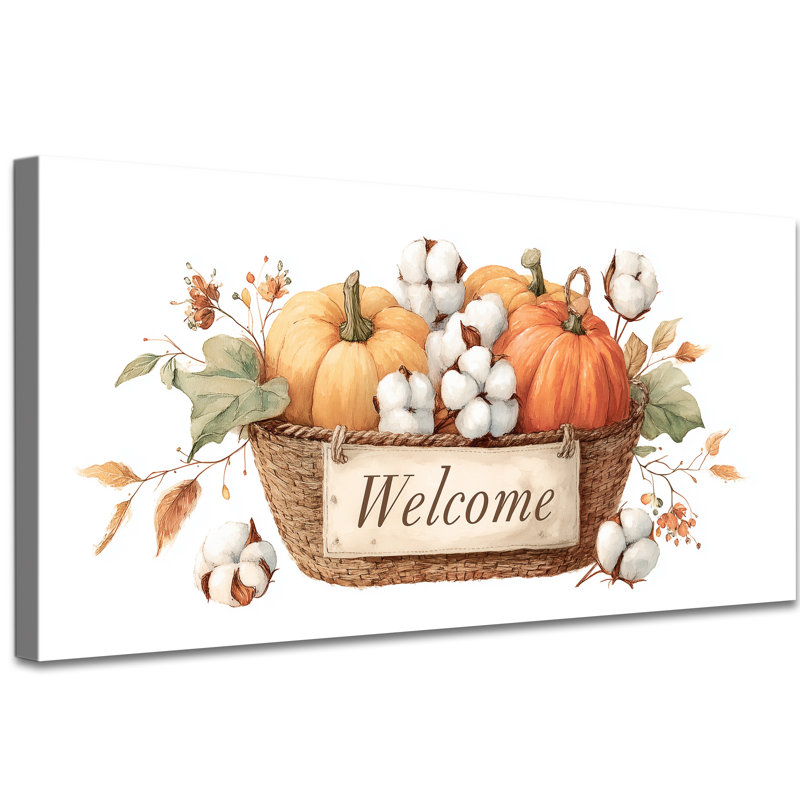 Fall Welcome Wall Art - Autumn Pumpkin and Cotton Pictures Wall Decor, Farmhouse Thanksgiving Canvas Wall Art Prints for Living Room, Home Decoration Wrapped Canvas Print