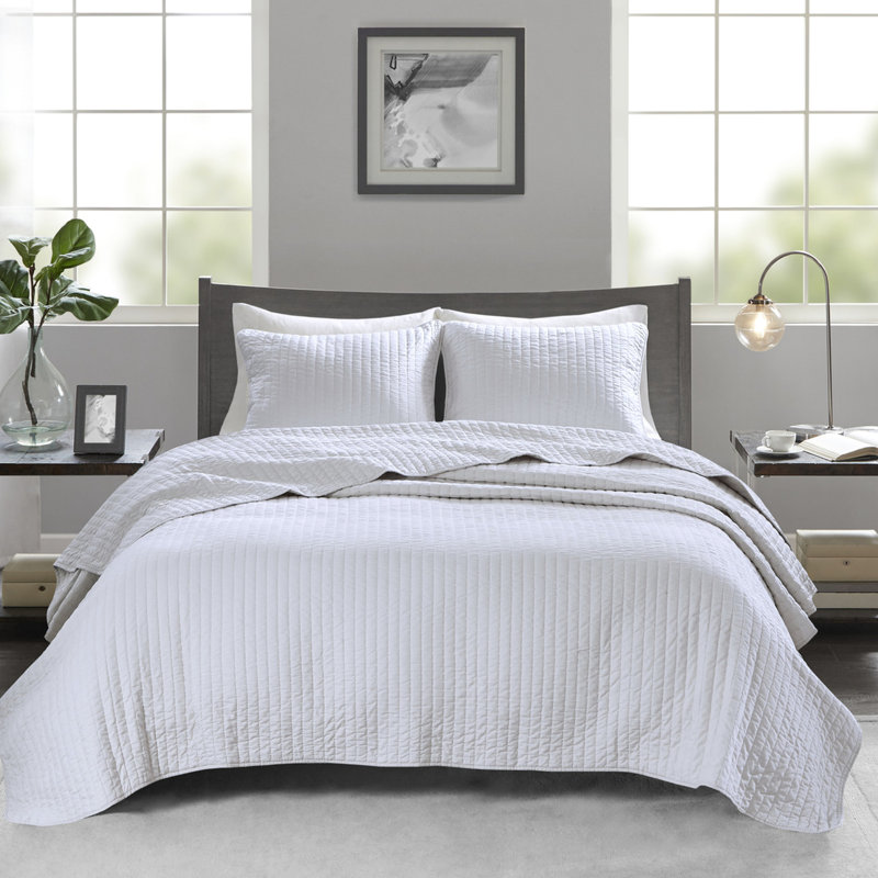 Courtepointe 3 pièces blanche double / grand - réversible avec rembourrage en coton, microfibre douce, améliore l'hygiène de la literie pour une chambre à coucher impeccable
