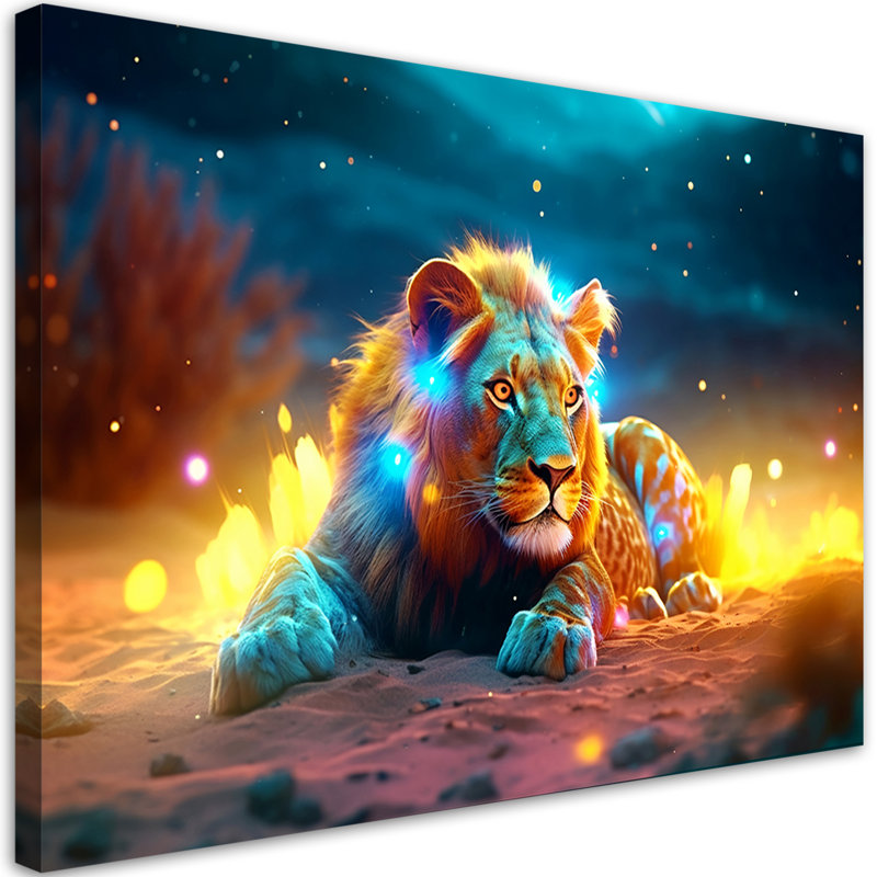 Neon Lion Abstract - No Frame Print on Canvas, 60cm H x 90cm W