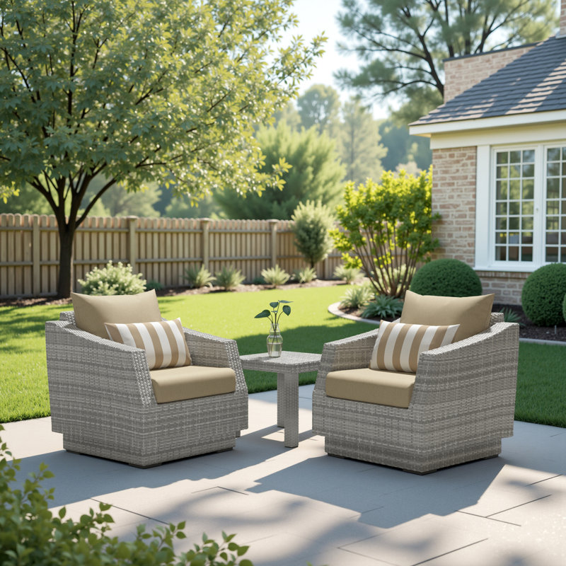 Fionnula 3 Piece Rattan Seating Group With Sunbrella Cushion Covers, Canvas Heather Beige