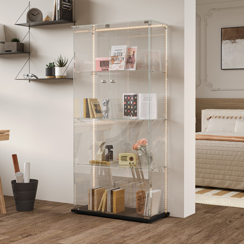 Display Cabinet, LED Strip Lights, Double Door, Black