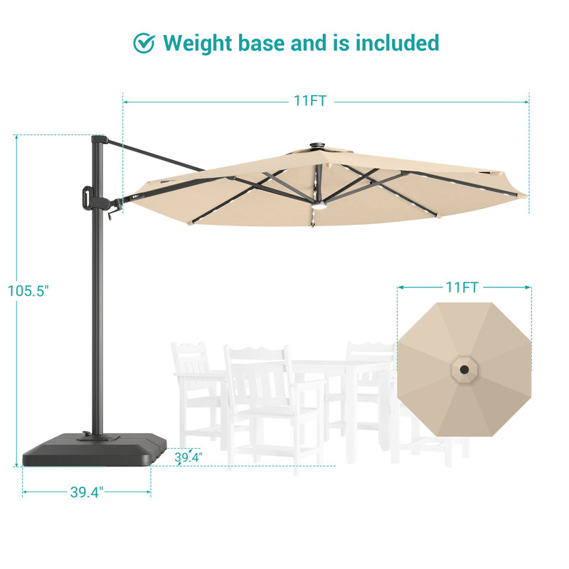 Parasol en porte-à-faux à DEL 11 pi - Confort extérieur amélioré avec rotation à 360 ° et angles réglables, Sable