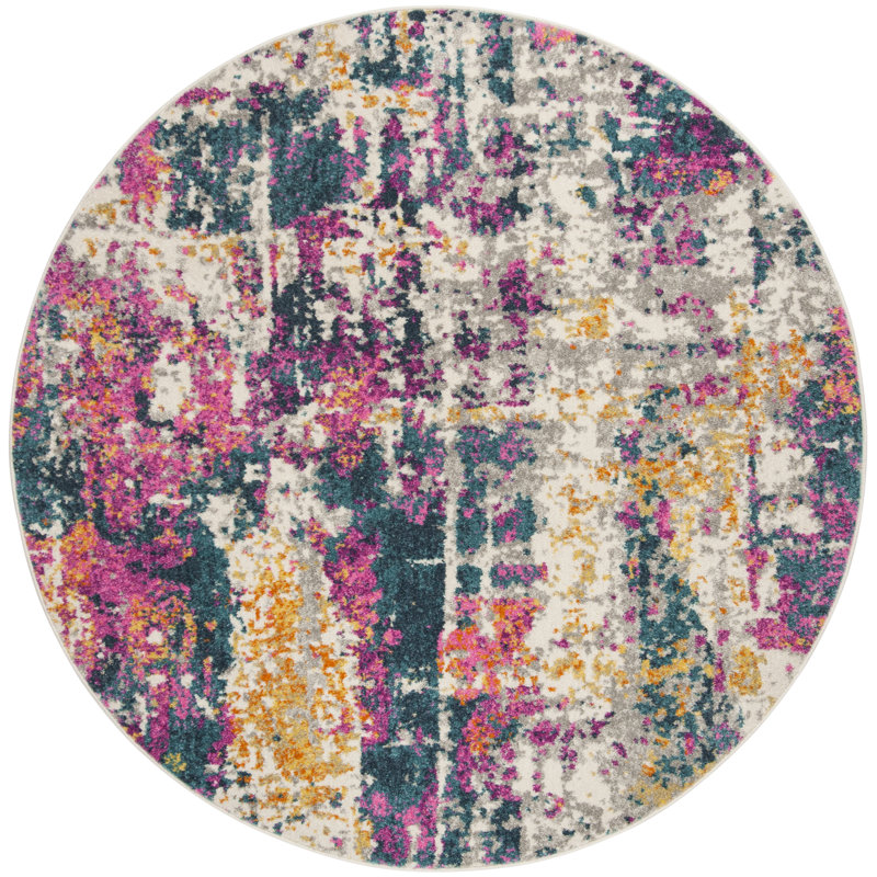 Christa Abstract Ivory/Blue Area Rug, Round 6'7"