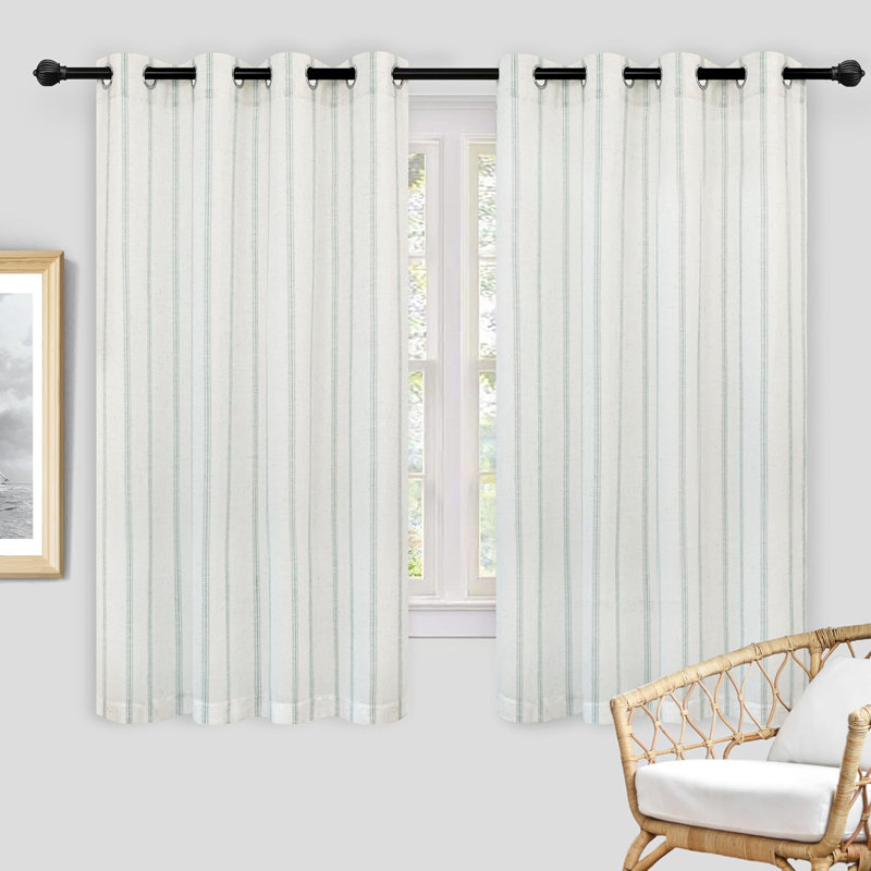 Blackout Curtain Pair, Jade Green Stripe/Light Linen, 52" W x 63" L