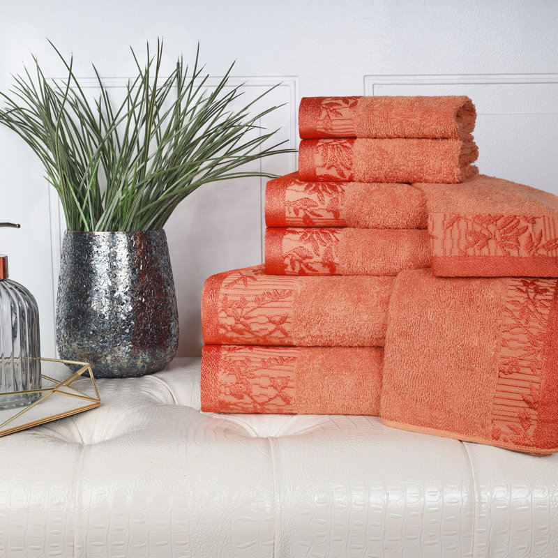 Ensemble de serviettes de bain en coton de poids moyen à bordure florale en jacquard pour la salle de bain Carinna, Mandarian