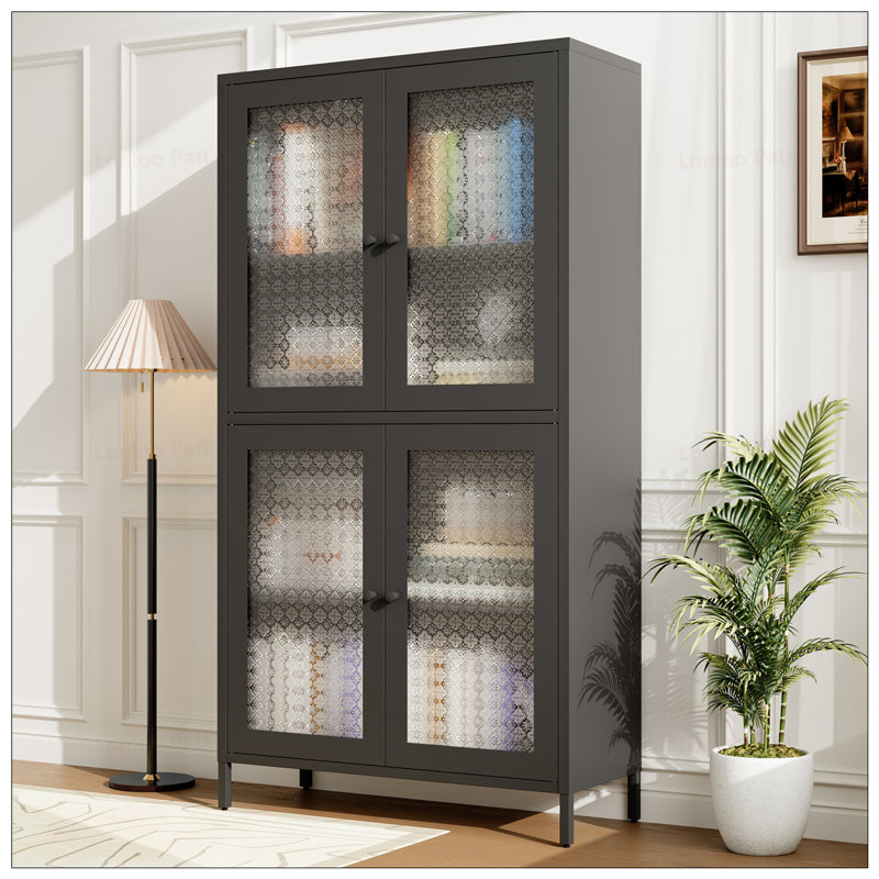 Armoire de rangement en métal avec 4 portes en verre et 4 tablettes réglables