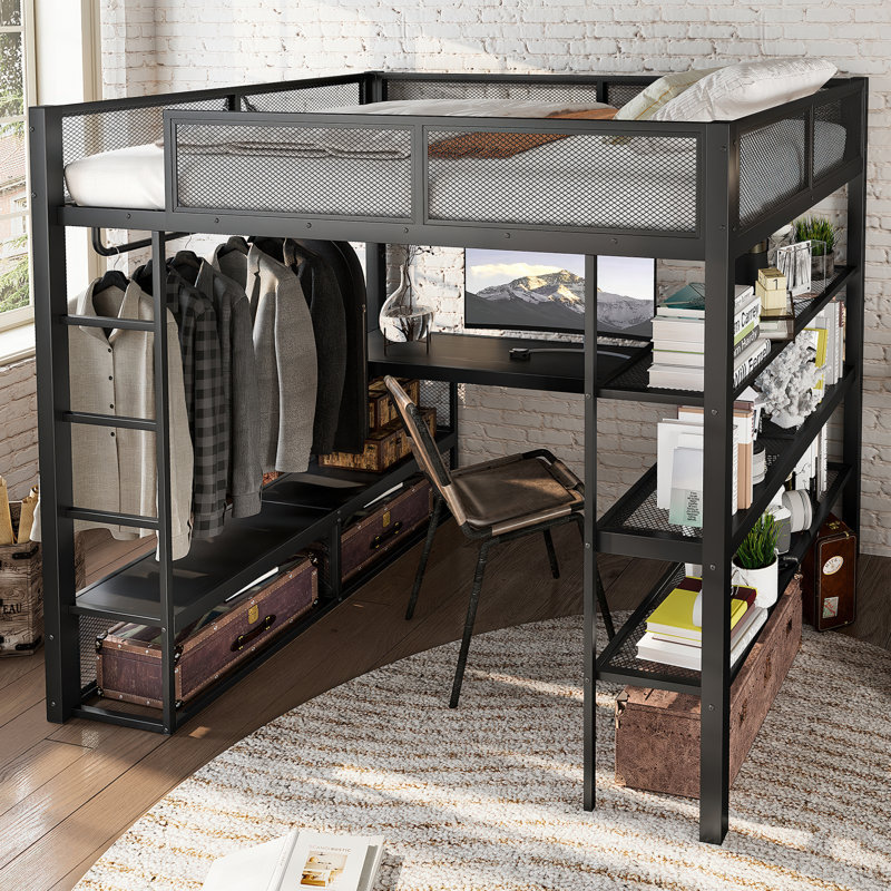 Grand lit mezzanine en métal avec bureau, tablettes de rangement et tringle de suspension, sans sommier, noir