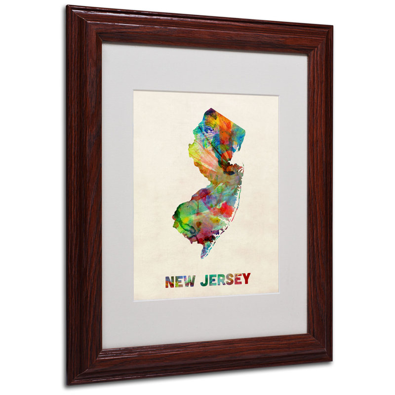 « new jersey map » par michael tompsett, impression encadrée, H 14 po x l 11 po x P 0,5 po, Brun - Biseautée