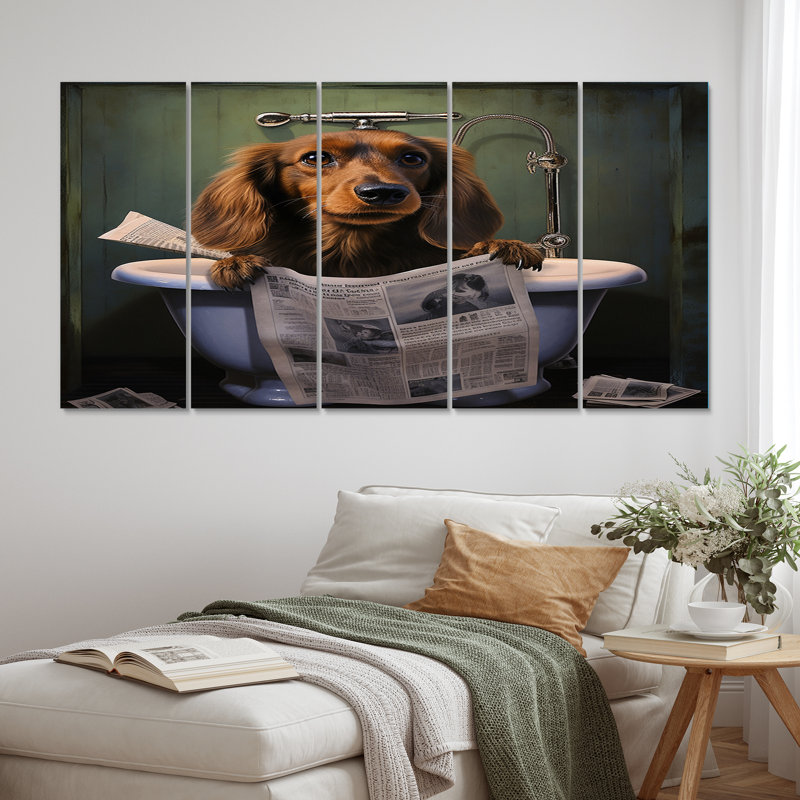 Chien lisant un journal sur une toilette IV - animaux, décoration murale chien - 5 panneaux égaux