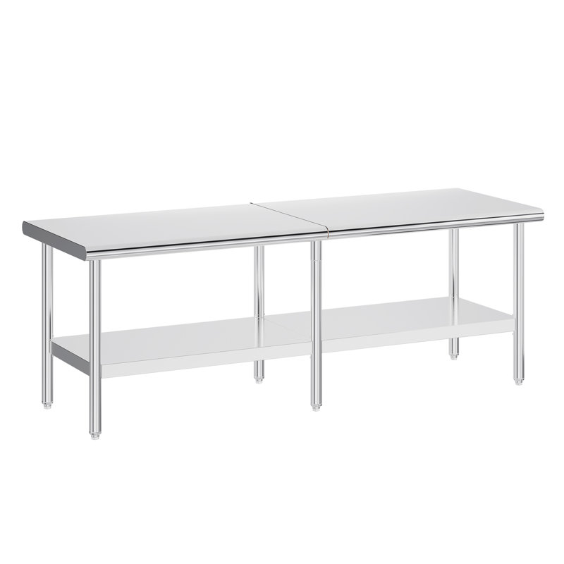 Table de préparation et de travail en acier inoxydable avec tablette et pieds réglables, L 96 po x l 30 po, L 96 po x l 30 po