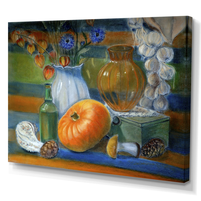 Nature morte avec citrouille et vase - reproduction sur toile avec cadre flottant, H 8 po x l 12 po x P 1 po, Toile tendue