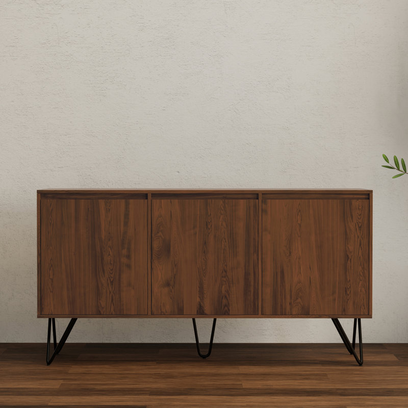 Hunter 60"W Solid Wood Industrial Contemporary 3-Door Sideboard Buffet with Adjustable Shelves, Walnut Veneer