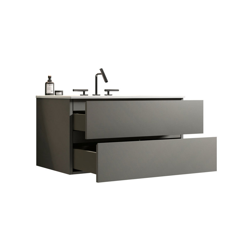 Ensemble de meuble-lavabo mural 36 po - Système de tiroir silencieux en céramique gris espace blanc + gris Grande capacité avec tiroirs