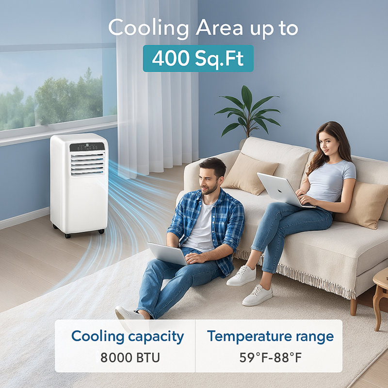 Erivess 8000 BTU Portable Air Conditioners Quiet Portable Cooling AC Up to 400 Sq.Ft. with Dehumidifier