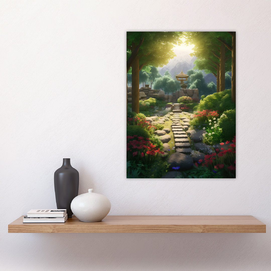 Wall Art Print Flowers Blooming in Serene Japan Zen Garden Painting Steps Path Leading to Stone Lantern Bathed in Sunlight Poster