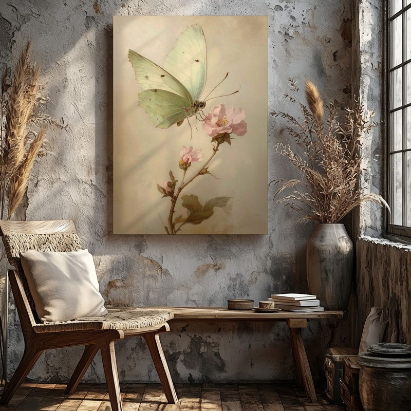 Une œuvre d'art de style rétro avec un papillon vert pâle délicatement perché sur un art mural de qualité supérieure prêt à être accroché