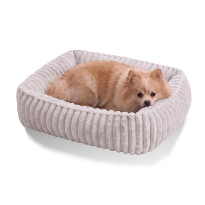 Coussin rectangulaire doux et rayé pour animaux de compagnie, 80 x 60 cm, garni de coton PP, avec rebord surélevé à 360°, fond antidérapant et lavable. Parfait pour les gros chiens et les chats. Blanc.