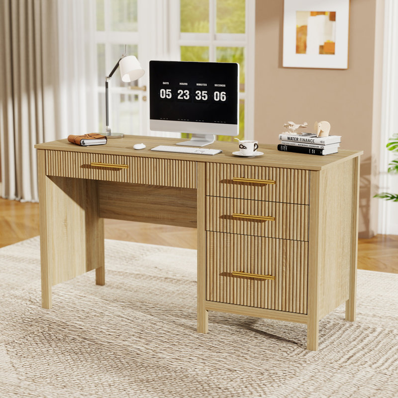 Modern Executive Desk with File Drawers, Wood Home Office Desk with Storage Drawers, Natural