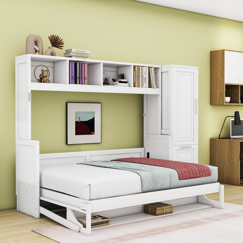 Lit escamotable double à 2 tiroirs avec garde-robe latérale, tablette supérieure et rangement sous le lit, Blanc